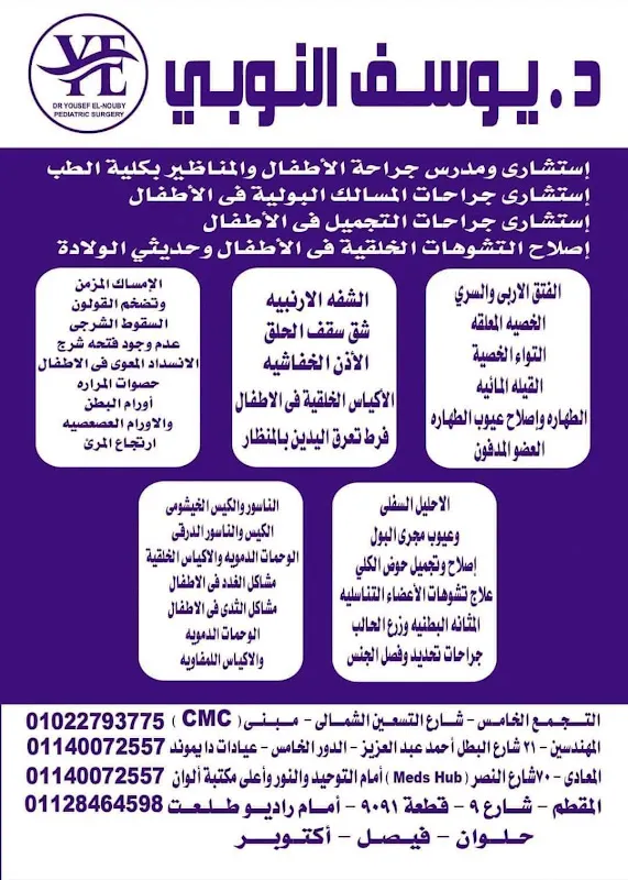 عيادات دكتور يوسف النوبي استشاري ومدرس جراحات الأطفال والتشوهات الخلقيه والمناظير